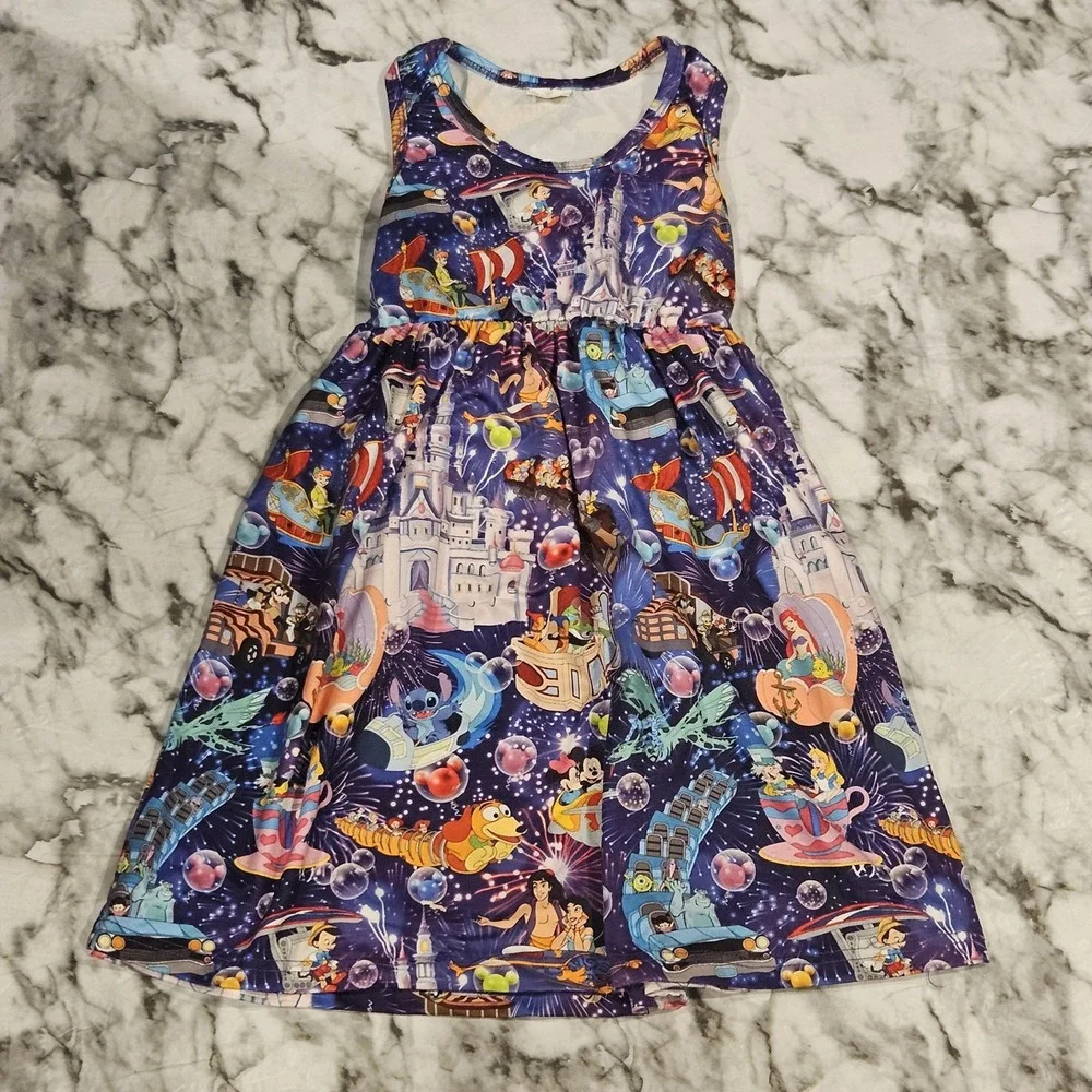 Girls Purple Boutique Milk Silk Dress Size 5/6  Amusement Park Character Print‎